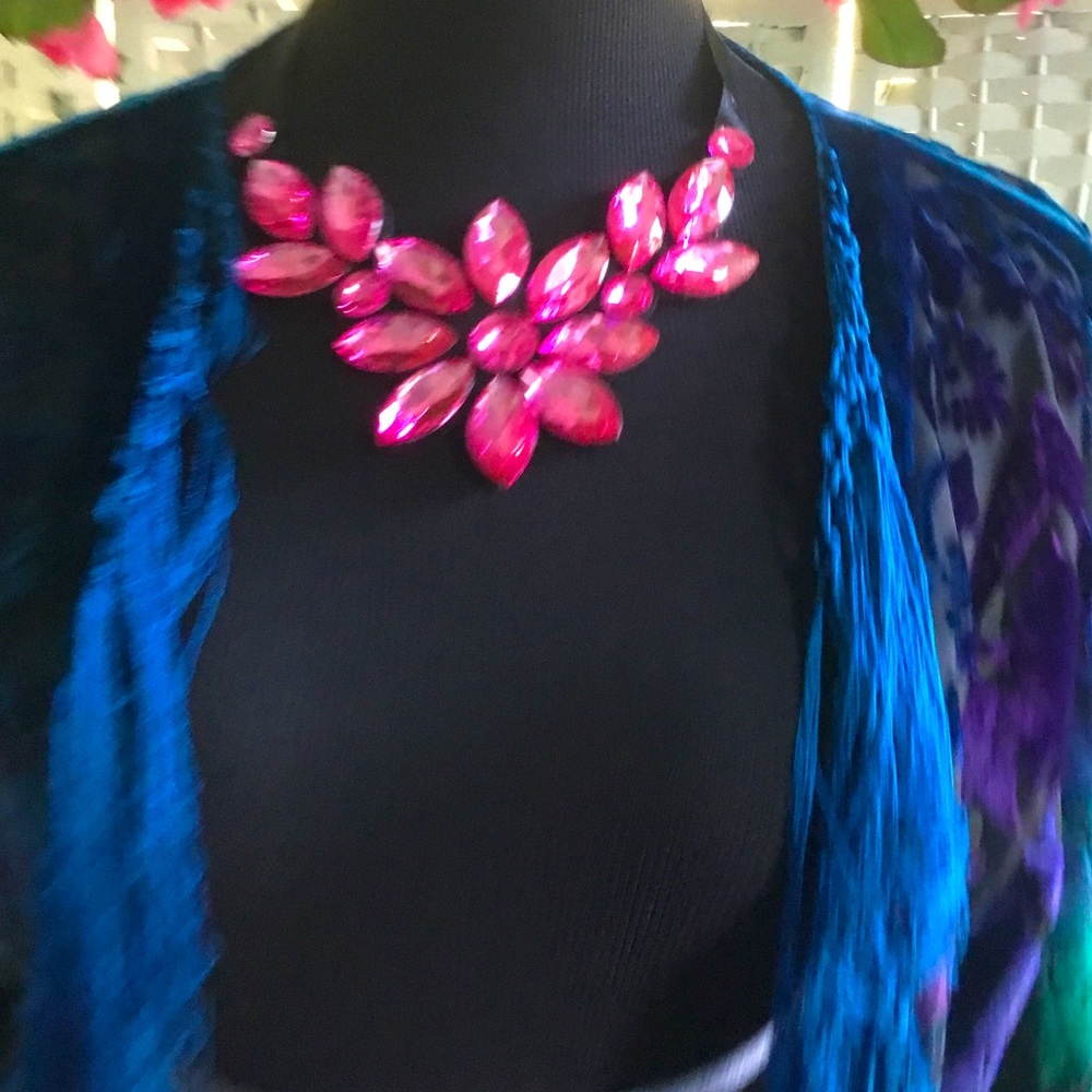 Pink Rhinestone Floral Statement Necklace Flower Crystal Bib - Picture 5 of 8